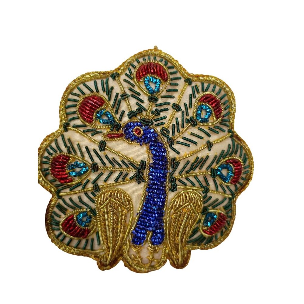 Handmade Embroidered Peacock Hanging‎ Ornament With Golden Trim